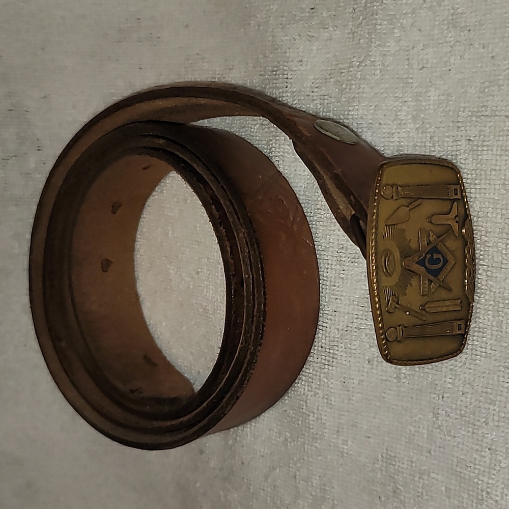 Masonic Harry Klitzner Brass Belt Buckle On Leather Belt
